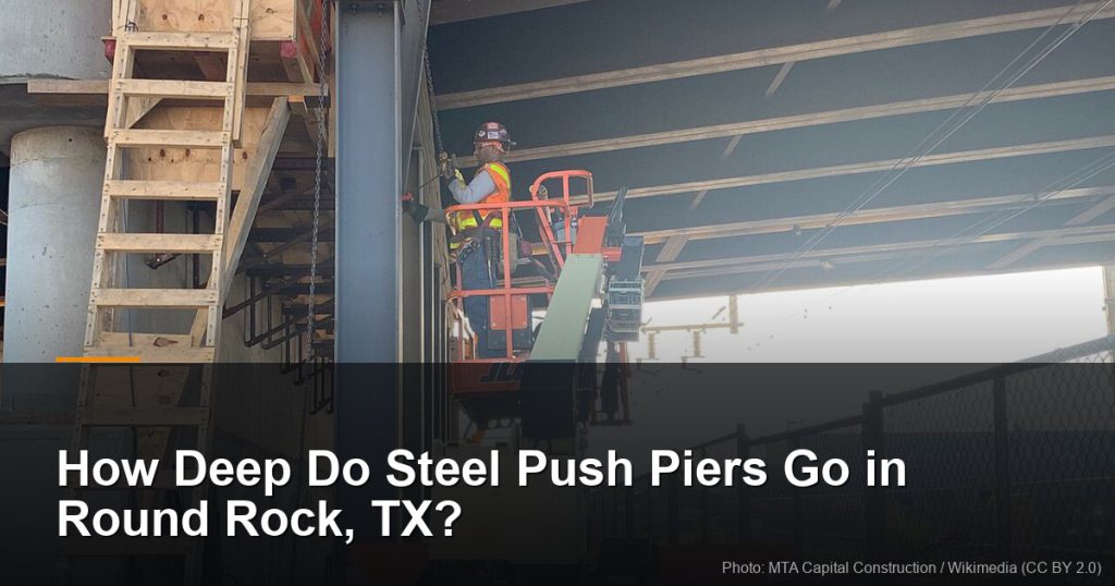 How Deep Do Steel Push Piers Go in Round Rock, TX? 11 Steel support column installed to underpin a pier — Round Rock, TX foundation repair