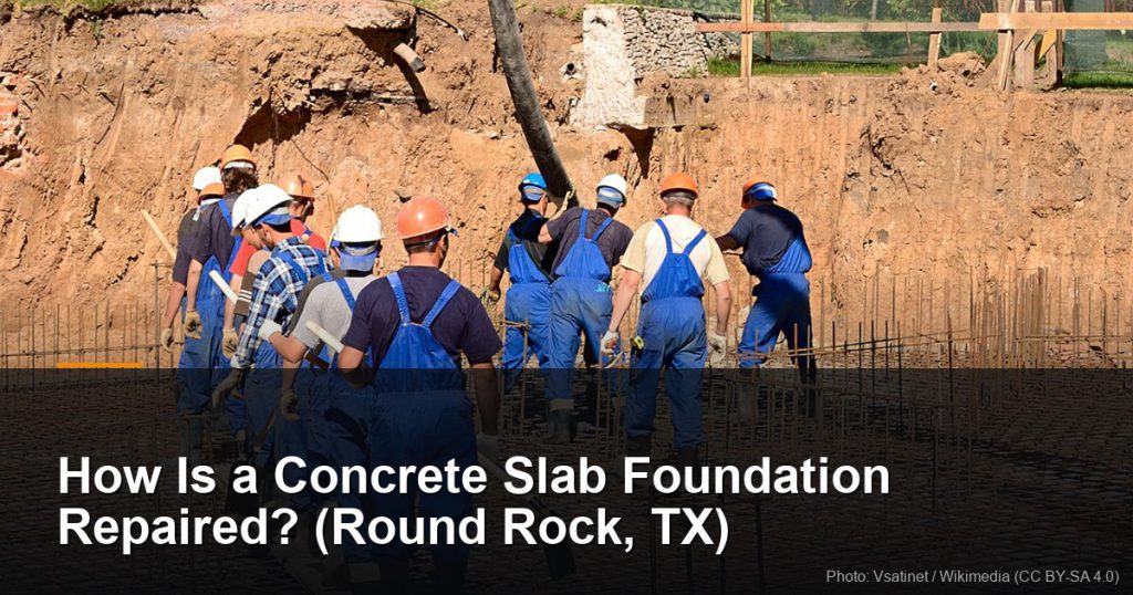 How Is a Concrete Slab Foundation Repaired? (Round Rock, TX) 3 Crew pouring concrete into a reinforced foundation — Round Rock, TX foundation repair