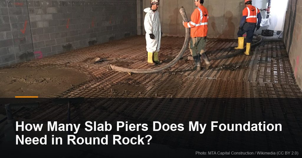 How Many Slab Piers Does My Foundation Need in Round Rock? 3 Workers pouring concrete over a rebar floor slab — Round Rock, TX foundation repair