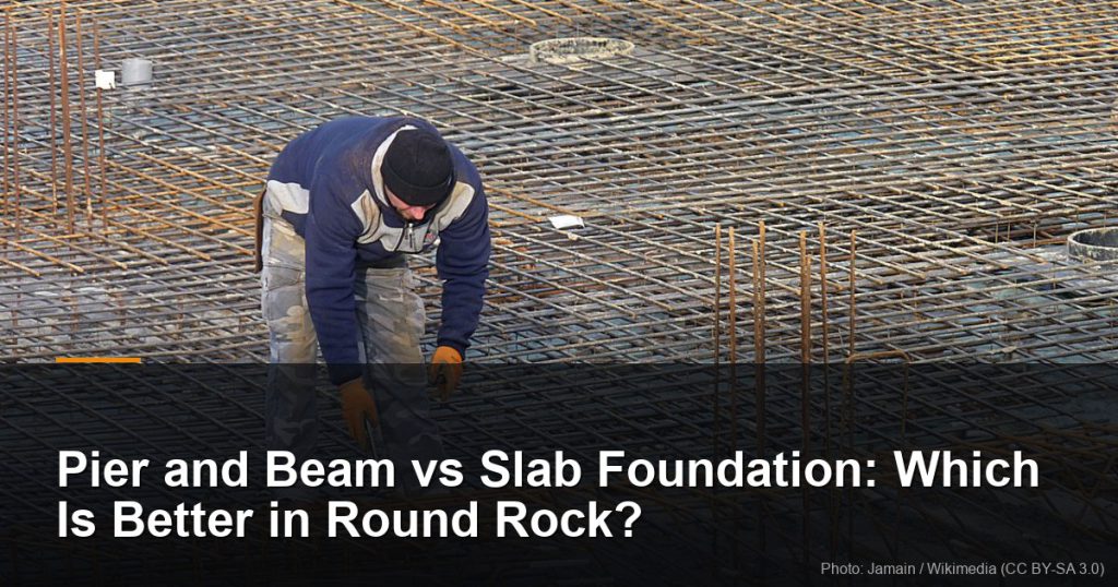 Worker tying reinforcing steel across a foundation mat — Round Rock, TX foundation repair