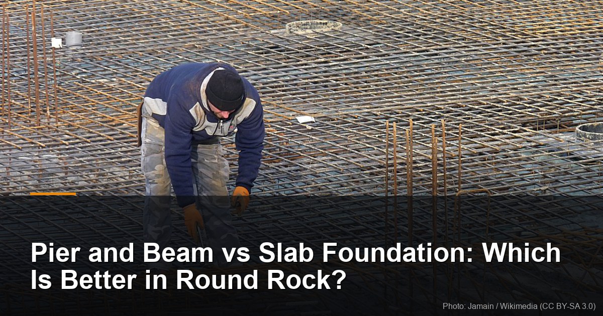 Worker tying reinforcing steel across a foundation mat