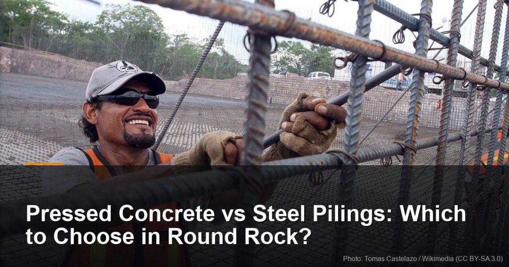 Construction worker in a safety vest tying rebar — Round Rock, TX foundation repair